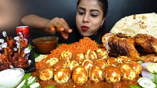 Eating Spicy Whole Chicken Curry,Fried Rice,Lollipop,Egg Masala Curry Big Bites ASMR Eating Mukbang
